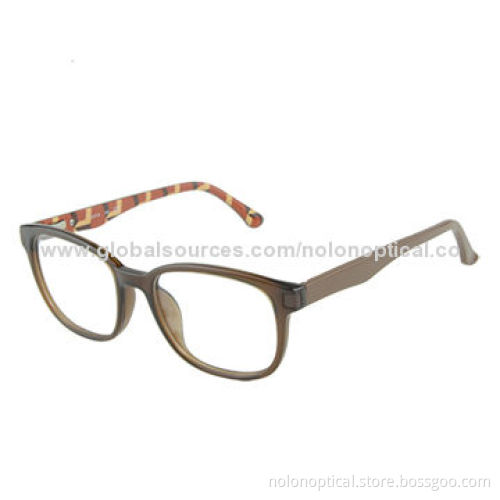 Brown Eyeglasses with Uneven Pattern Arms, Clear Demo Lens